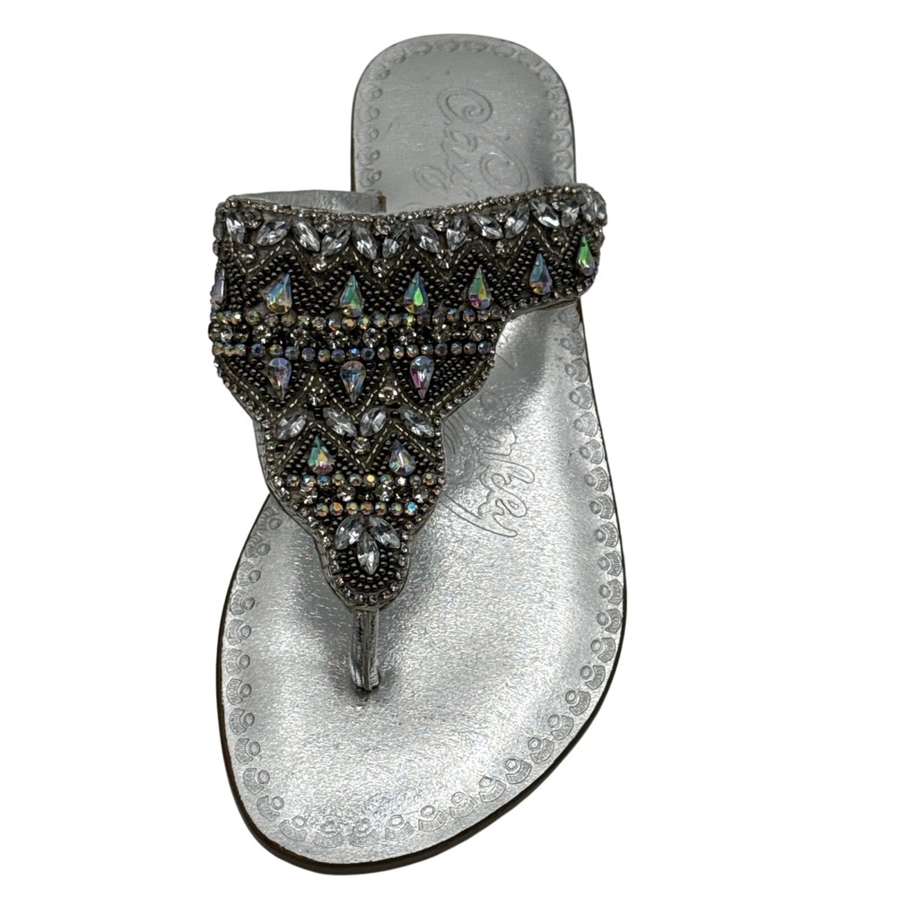 Naughty Monkey Loving U Silver Leather Rhinestone Thong Sandals NMSA0237-040 7.5